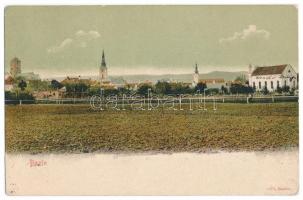 1905 Bazin, Bösing, Bözing, Pezinok; templomok, zsidó templom, zsinagóga / churches, synagogue + ZSOLNA - POZSONY 47. SZ. B vasúti mozgóposta bélyegző (apró lyuk / tiny pinhole)