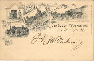 1897 (Vorläufer!) Pöstyén, Piestany; Cursalon, Herrengasse / Fürdőház, infanterista, Úri utca / spa, bath, spa carriage, street view. A. Künzler No. 789. Art Nouveau, floral, litho + "ZSOLNA - POZSONY 48. SZ. B" vasúti mozgóposta bélyegző (fl)