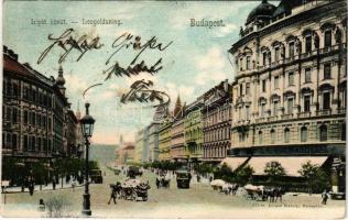 1907 Budapest XIII. Lipót körút, Café Vígszínház kávéház, Noszlopi Henrik üzlete, villamosok. Divald Károly 213. sz. + "BUDAPEST - GYŐR - WIEN 13 B" vasúti mozgóposta bélyegző (EK)