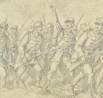 Helbing Ferenc (1870-1958): Petőfi köszönti a vörössapkásokat a nagyszebeni csatában. Ceruza, papír,...