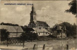 1915 Gyula, Körös parti részlet, templom, villa (Rb)