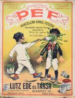 cca 1910 Henri Boulanger (H. Gray) (1858-1924): PEF porcelán email festék, Bp., Lutz Ede és Társa, reklám plakát, litográfia, fém élrögzítőkkel, a felső fém élrögzítő mentén részben szakadással, törésnyommal, kissé foltokkal, 39x30 cm / Advertisement poster, lithography, damaged, with little spotties, 39x30 cm