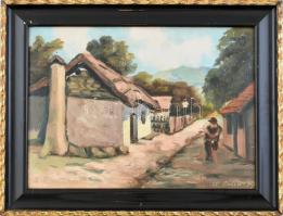 Polczer Lajos (1902-1968): Utcarészlet sétálóval, 1927. Olaj, karton. Jelzett. Dekoratív, kissé sérült fa keretben. 25×34,5 cm