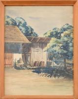 Dömök jelzéssel, XX. sz. elején működött magyar festő alkotása: Udvar, 1914. Akvarell, papír. Üvegezett fa keretben. 42×29,5 cm