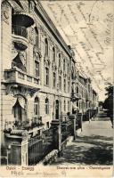 1906 Eszék, Essegg, Osijek; Chavrak-ova ulica / Chavrakgasse / Chavrak utca / street view + "ESZÉK - SZEGED 29. SZ." vasúti mozgóposta bélyegző