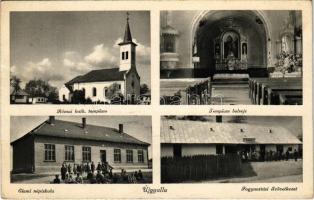 Újgyalla, Dulovce, Nová Dala; Római katolikus templom belső, elemi népiskola, Fogyasztási szövetkezet üzlete és saját kiadása / church interior, school, cooperative shop