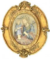 Szent József a kisdeddel, gyöngy gobelin, dekoratív aranyozott keretben. 24x19