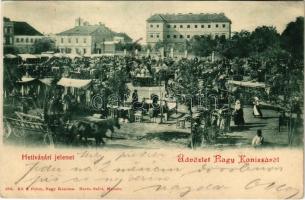 1901 Nagykanizsa, Hetivásári jelenet, piac. Alt & Böhm kiadása + NAGY-KANIZSA - BROD 61. SZ. vasúti mozgóposta bélyegző (EB)