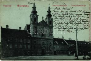 1901 Sopron, Domonkos templom. Popper József kiadása + NAGY-KANIZSA - BÉCS 23. SZ. vasúti mozgóposta bélyegző (EB)