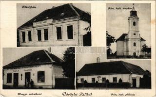 1935 Páli, Községháza, Római katolikus templom és plébánia, Hangya szövetkezet üzlete. Steegmüller fényképész (EK)