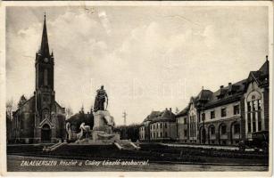 1934 Zalaegerszeg, részlet a Csány László szoborral, templom, automobil (b)