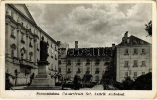 1940 Pannonhalma, Győrszentmárton; Udvar részlet Szent Asztrik szobrával (kopott sarkak / worn corners)