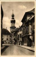 1931 Sopron, Kolostor utca, Várostorony, üzletek. Monsberger Gottfried kiadása