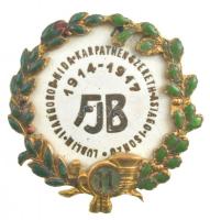 1917. A 11. győri Császári és királyi Tábori Vadászzászlóalj zománcozott sapkajelvénye, hátoldalon MORZSÁNYI BUDAPEST ESKÜ UT 5. gyártói jelzéssel FJB - 1914-1917 - LUBLIN - IVANGOROD - NIDA - KARPATHEN - SZERETH - ASIAGO - ISONZO (36x35mm) T:1- / Austro-Hungarian Monarchy 1917. Cap badge of the 11th K.u.K. Feldjäger Battalion of Győr, enamelled, with MORZSÁNYI BUDAPEST ESKÜ UT 5. makers mark on reverse FJB - 1914-1917 - LUBLIN - IVANGOROD - NIDA - KARPATHEN - SZERETH - ASIAGO - ISONZO (36x35mm) C:AU