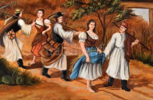 Olvashatatlan jelzéssel: Hazafelé. Olaj, falemez. Dekoratív, kissé sérült fa keretben. 32x53 cm