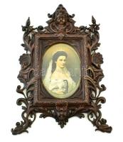 Bronz asztali képkeret, Wittelsbach Erzsébet magyar királyné nyomatával, teljes méret: 32x20cm, belső méret: 14x10cm