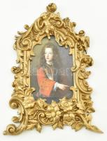 Öntöttvas asztali képkeret arany színű festékkel fújva, feltehetően francia herceg nyomatával nyomatával, teljes méret: 30x19cm, belső méret: 17x11cm