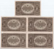 1920. 10K (5x) sorszámkövetők "a 009 081.219 - a 009 081.223" T:II-,III szép papír, kettőn...