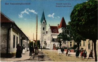 Trencsénteplic, Trencianske Teplice; Kossuth Lajos utca, templom, étterem. Vasúti levelezőlapárusítás 27. 1915. / street, church, restaurant