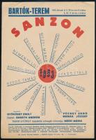 1963 Bartók-terem sanzon, Mezei Mária, Bodrogi Gyula, Haumann Péter, retro kisplakát, ofszet, papír, Pátria nyomda Bp., lap tetején apró szakadással, 24,5×17 cm