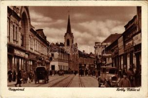 1942 Nagyvárad, Oradea; Horthy Miklós út, üzletek, autó / street, shops, automobile + "1942 Szent László Ünnepi Hét Nagyváradon" So. Stpl (EK)