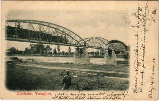 1902 Tokaj, vasúti híd gőzmozdonnyal, vonat (EK)