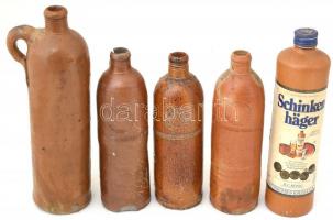 5 db kőedény palack csorbákkal, törésekkel, részben jelzett m: 24-31cm