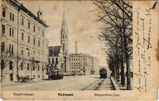 1905 Budapest I. Margit rakpart (Bem rakpart), Szilágyi Dezső téri református templom, villamosok (b)