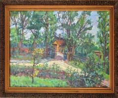 Orosz Gellért (1919-2002): Kert. Olaj, farost, jelzett. Üvegezett, dekoratív fa keretben, 60×80 cm