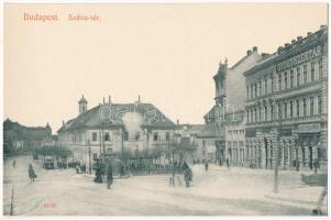 Budapest II. Széna tér, Régi Szent János kórház, gyógyszertár, villamos, Mauthner üzlete. Taussig A. 10736.