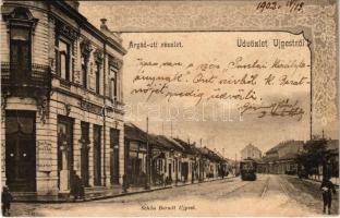 1902 Budapest IV. Újpest, Árpád úti részlet, kávéház, villamos. Schön Bernát kiadása (fl)