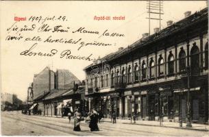 1907 Budapest IV. Újpest, Árpád úti részlet, Beierl József üzlete. Selley Károly fénykép. műterme kiadása (EK)