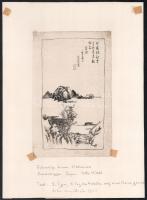 XIX. sz. ismertlen japán művész munkája: Táj (terv egy kakemonohoz?), 1854 körül. Tus, papír. Papírra kasírozva, alján német nyelvű feliratok. 18×10 cm
