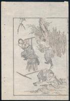XIX. sz. ismeretlen japán művész munkája: Munkások. Fametszet, papír. Lap jobb széle feltételezhetően vágott. 17,5×13 cm