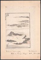 Katsushika Hokusai, Hokuszai (1760-1849)?: Táj. Színes fametszet, papír. Lap bal széle vágott (?). Papírra kasírozva. Lap alatt német nyelvű felirattal, mely szerint a grafika Hokusai Manga-vázlatok munkáiból egy darab. 18×13 cm