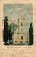 1900 Kapi, Kapusany; Római katolikus templom, várrom. Fénynyomat Divald műintézetéből / Kapusiansky hrad / church, castle ruins (felületi sérülés / surface damage)