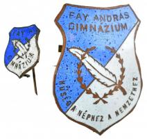 ~1920. "Fáy András Gimnázium - Hűség a Néphez és Nemzethez" zománcozott sapkajelvény (36x28mm) + "Fáy András Gimnázium" kisméretű jelvény (15x12mm) T:2