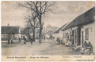 1903 Malacka, Malacky; Új utca, zsinagóga, Bocher Mihály üzlete. Wiesner Alfréd kiadása / street view, shop, synagogue (EK)