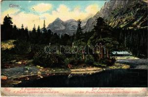 1911 Tátra, Magas-Tátra, Vysoké Tatry; A Poprádi-tó a Majláth menházzal az Ökörhát felé. Feitzinger Ede 1905. Aut. N. 767. / Der Poppersee mit dem Maylath Schutzhaus gegen den Ochsenrücken / chalet, tourist house, lake (EK)