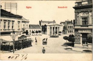 1908 Nyitra, Nitra; Kossuth tér, Az Első Magyar Általános Biztosító Társaság főügynöksége, Első Pilseni sörcsarnok, Einzinger József üzlete, Színház. Fürst Sz. kiadása / square, insurance company, beer hall, shops, theatre (kis szakadás / small tear)