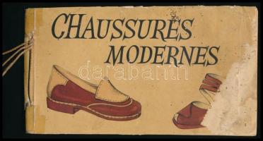 cca 1920-40 Chaussures modernes, színes képekkel illusztrált cipő és szandál katalógus, német nyelven, sérült, foltos és hiányos borítóval, foltos lapokkal, 38 számozott tábla, 13x24 cm