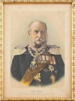 cca 1880 I. Vimos (1797-1888) német császár portréja, Fischer&Wittig kromotipográfiája, Reichardt&Lindner udvari fényképészek fotója után, foltos, dekoratív üvegezett fa keretben, 24x17 cm