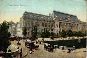 1917 Bucharest, Bukarest, Bucuresti, Bucuresci; Palatul Justitiei / palace of justice, horse-drawn tram / lóvasút