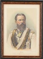 cca 1888 III. Frigyes (1831-1888) német császár portréja, Fischer&Wittig kromotipográfiája, Reichardt&Lindner udvari fényképészek fotója után, lap kissé foltos, dekoratív üvegezett fa keretben, 24x17 cm