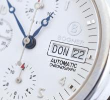 Bogner automata szerkezetű chronográfos férfi karóra, bőr szíjjal, működik, fadobozban, d:37mm