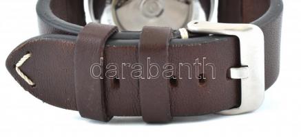 Bogner automata szerkezetű chronográfos férfi karóra, bőr szíjjal, működik, fadobozban, d:37mm