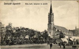 1914 Budapest IV. Újpest, Római katolikus templom, Piac tér árusokkal, női divatáruház üzlete