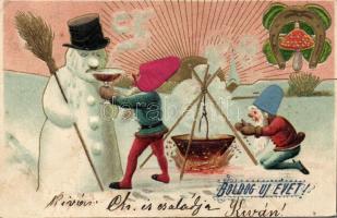 New Year, dwarfs, snowman (Emb., Rb)