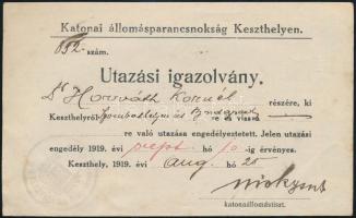 1919 A keszthelyi katonai állomásparancsnokság által kiadott kitöltött utazási igazolvány Keszthelyről Budapestre