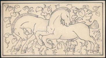 Jelzés nélkül (ismeretlen jelzéssel): Art deco lovak, tus, papír, 7,5×14 cm